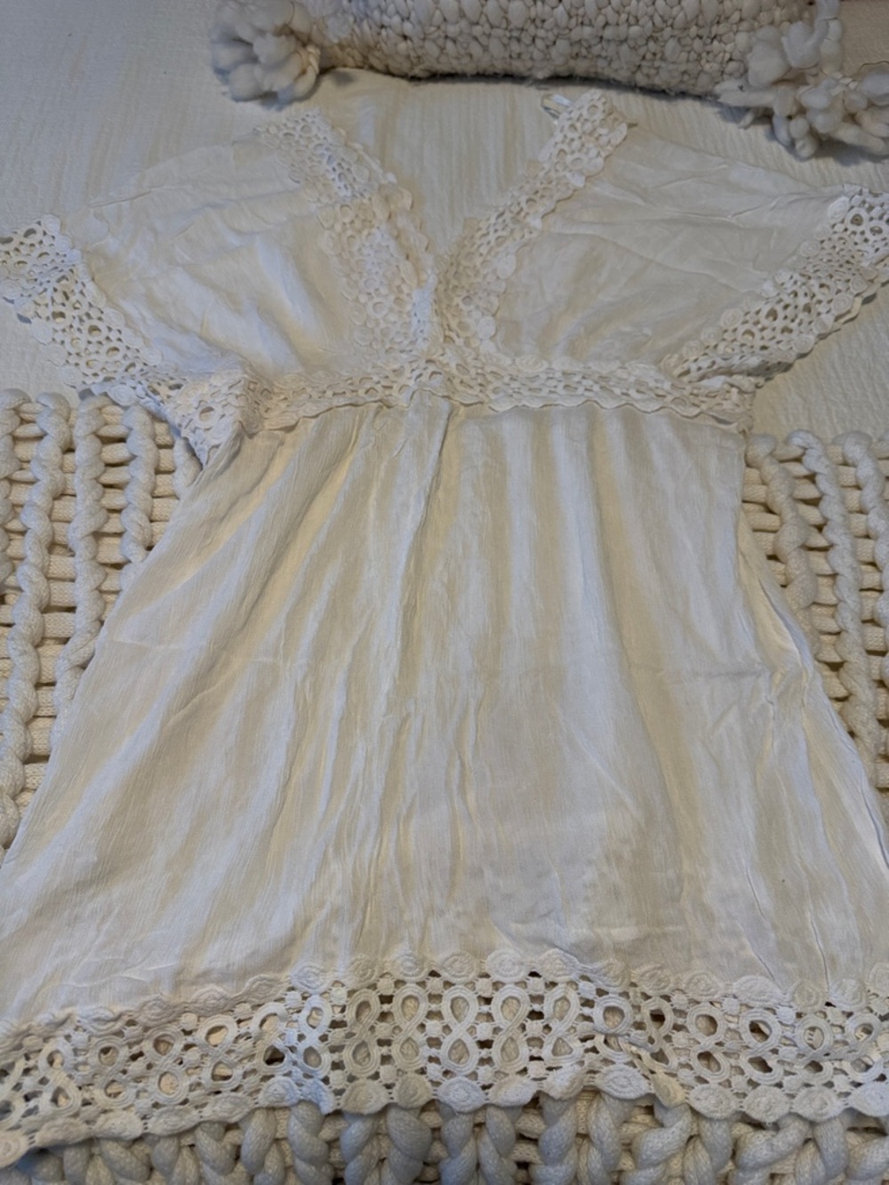 blue island Cream Lace-Trim Boho Top